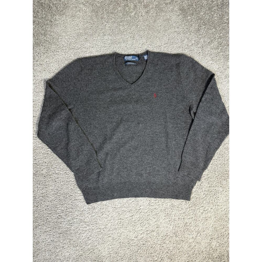 Polo Ralph Lauren Sweater Mens XL Gray V-Neck Lambs Wool Tight-Knit Pullover VTG